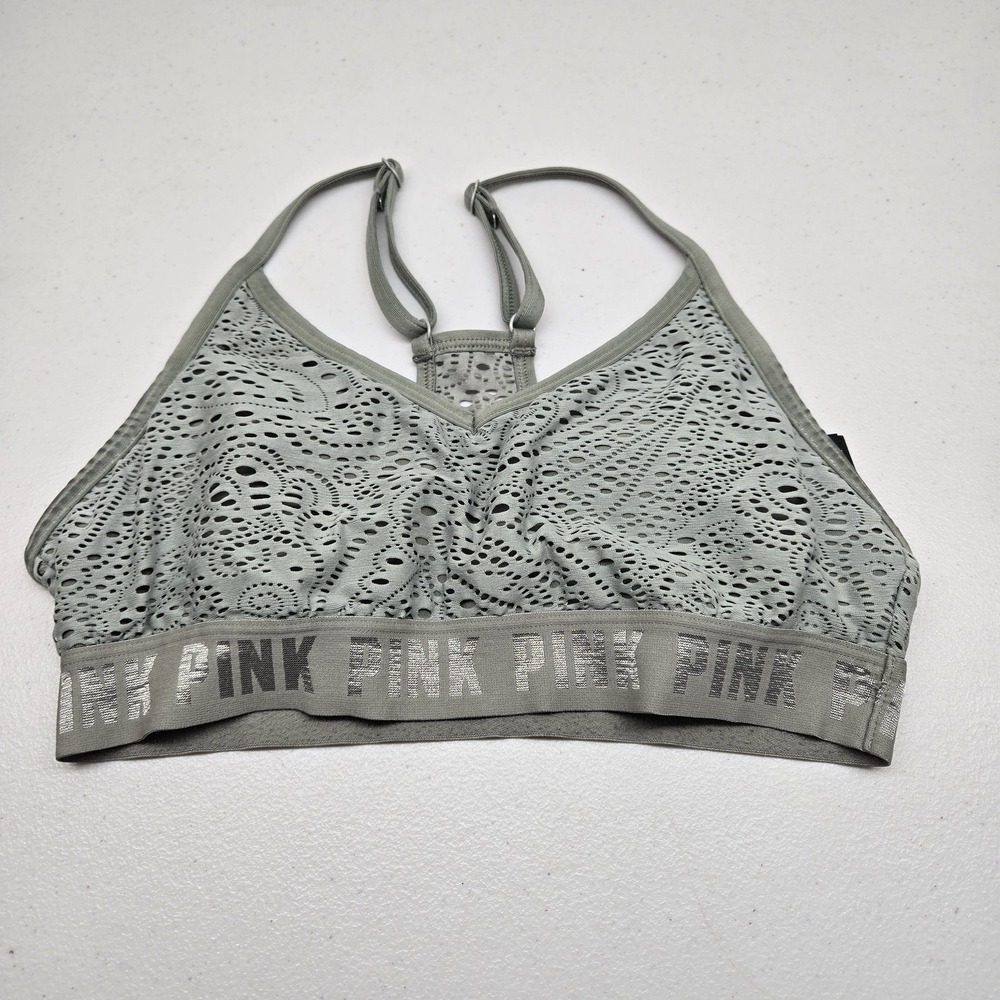 PINK‎ Women Bra Small Green Ultimate Lightly Lined Bralette Wireless Lace Logo